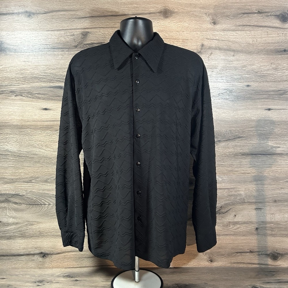 Vintage 70s Monzini Collection Button Up Shirt Black Sequence USA Mens Medium